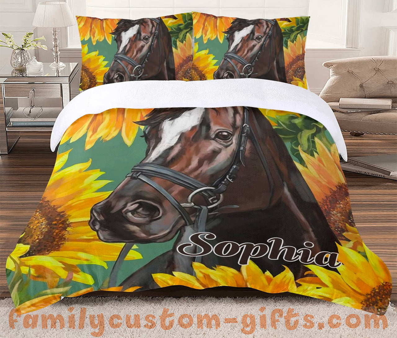 Custom Quilt Sets Horse Sunflower Premium Quilt Bedding for Boys Girls Men Women