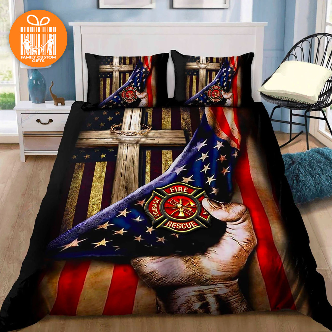 Jesus Christ Proud American Firefighter Custom Bedding Set for Adult Men Personalized Premium Bed Set
