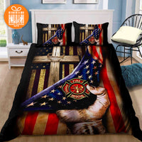 Thumbnail for Jesus Christ Proud American Firefighter Custom Bedding Set for Adult Men Personalized Premium Bed Set