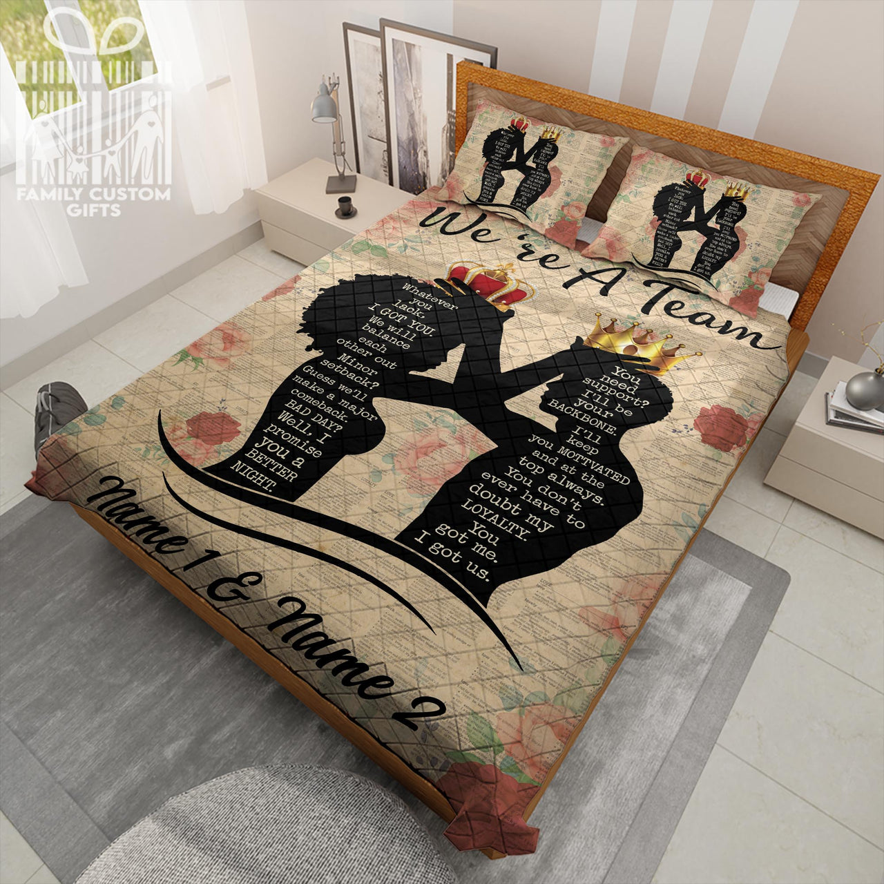 Custom Quilt Sets for Couple Black Queen & King We're A Team Personalized Quilt Bedding for Her Him