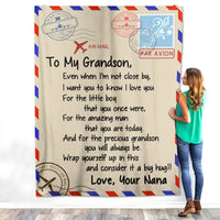 Thumbnail for Personalized Custom Grandma Nana Grandpa Papa Name to My Grandson Handwriting Letter Air Mail Grandmother Grandfather Fleece Sherpa Blanket Gift For Grandson Boys
