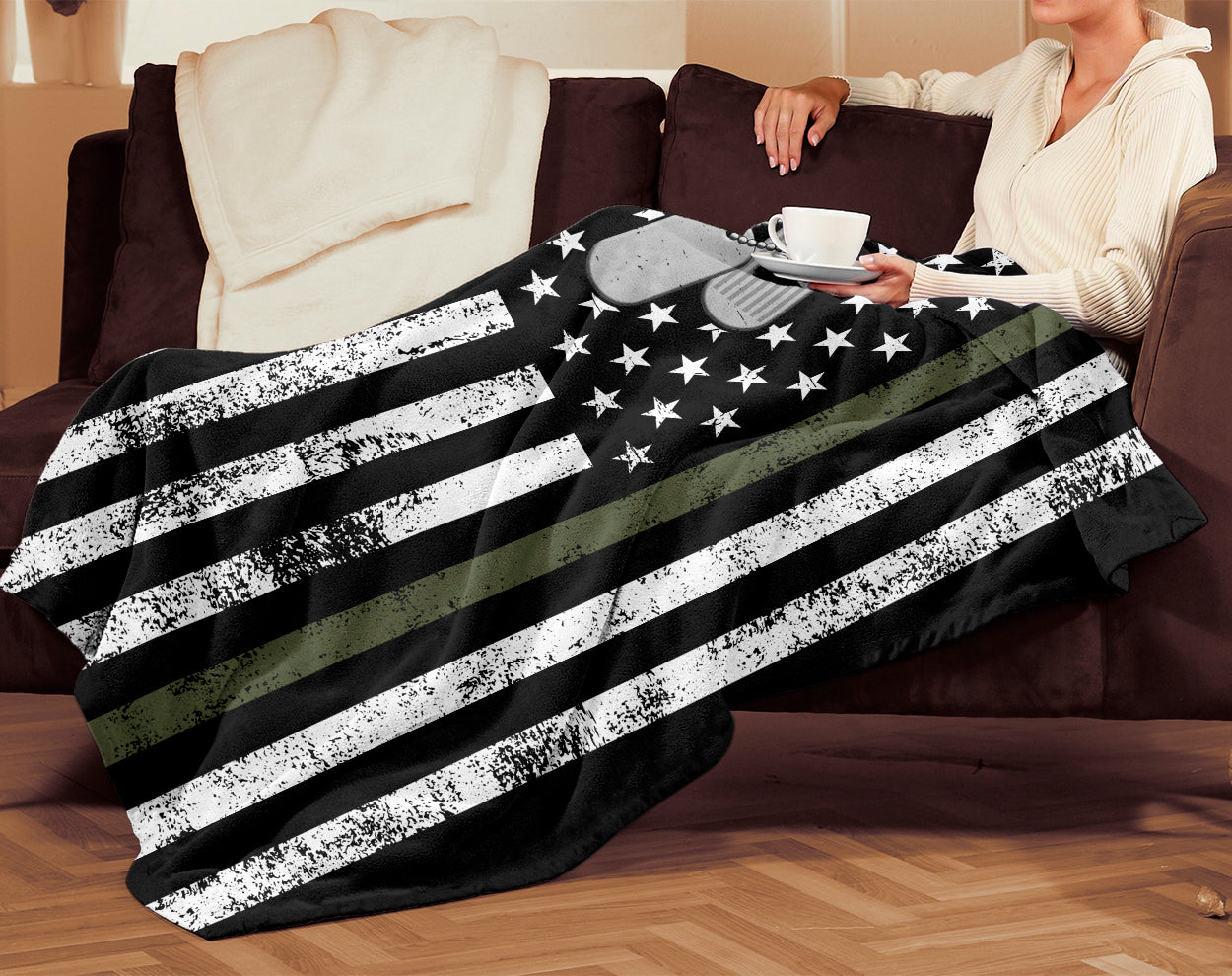 US Military Soldier Veteran Thin Green Line Birthday Christmas Fleece Sherpa Blanket