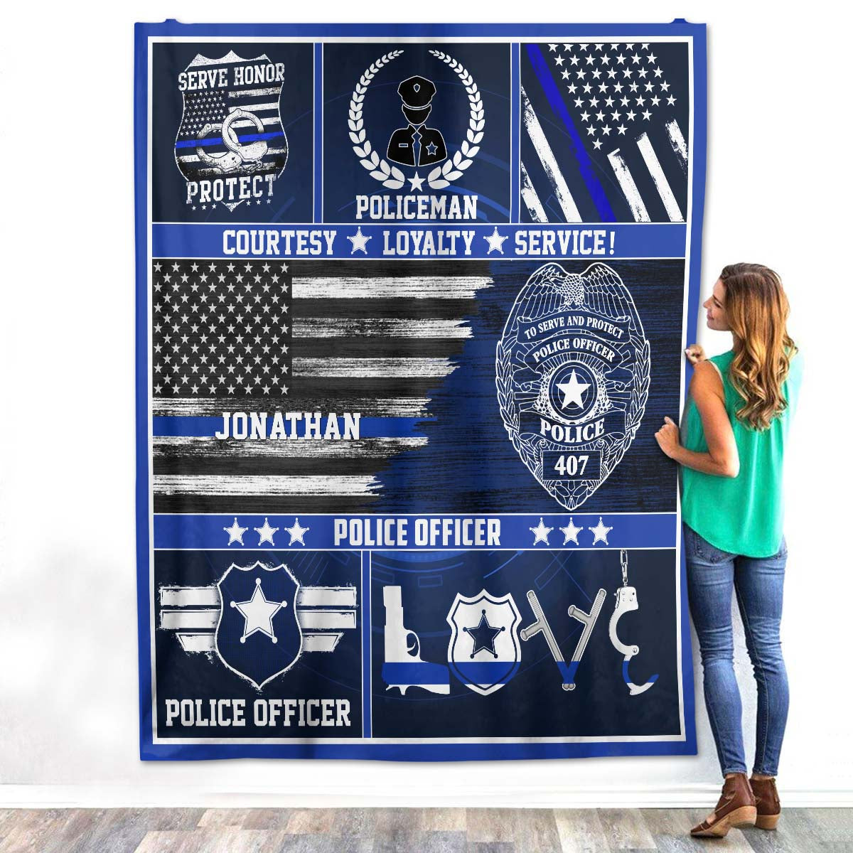 Custom Name Badge Number Police Officer Thin Blue Line American Flag Fleece Throw Sherpa Blanket Twin Queen Size Christmas Birthday Tapestry Wall Hanging