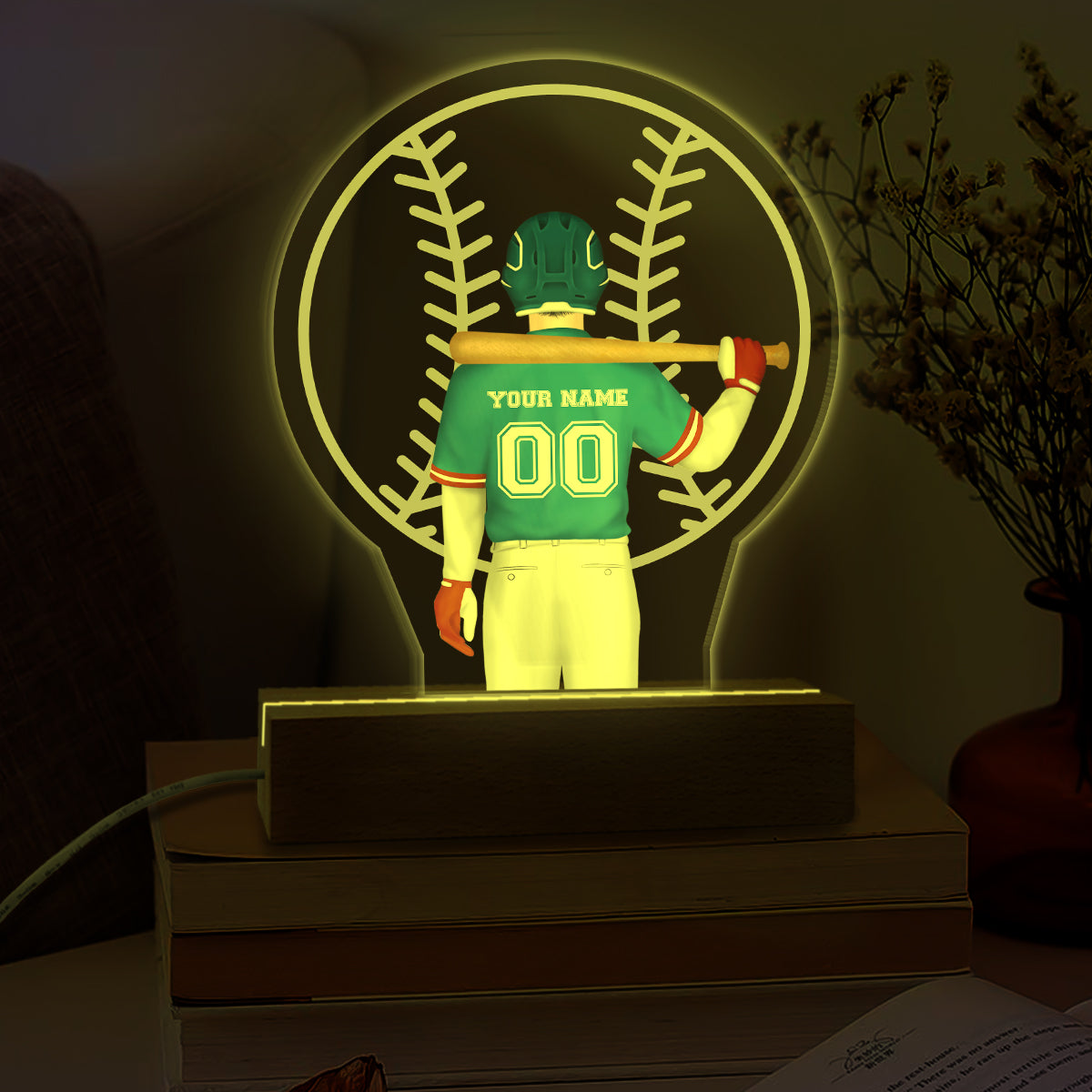Personalized Custom Name Number  Baseball Player 3D LED Light Wooden Base