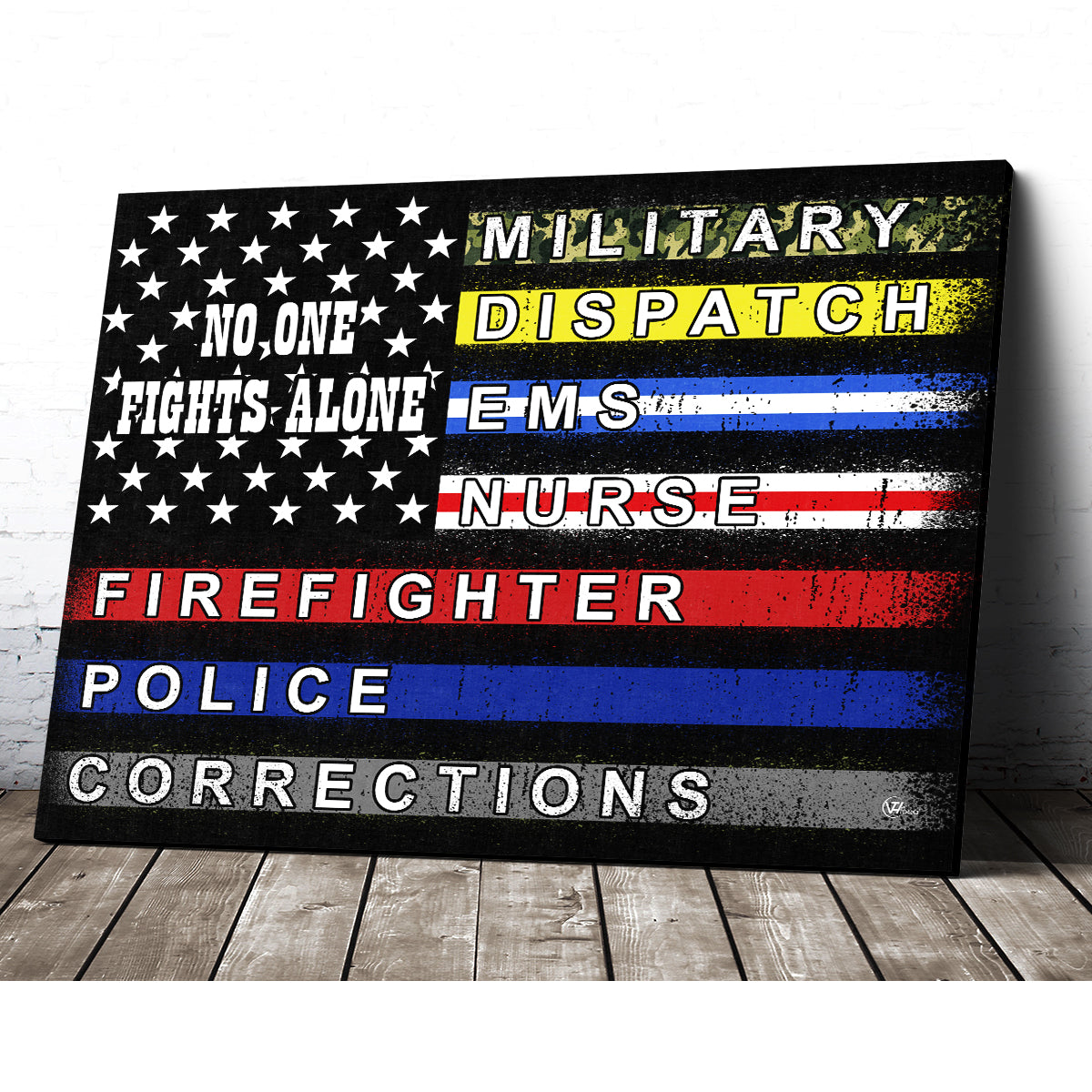 No One Fights Alone First Responder American Flag Canvas Print Wall Art for Men Women Personalized Canvas Art