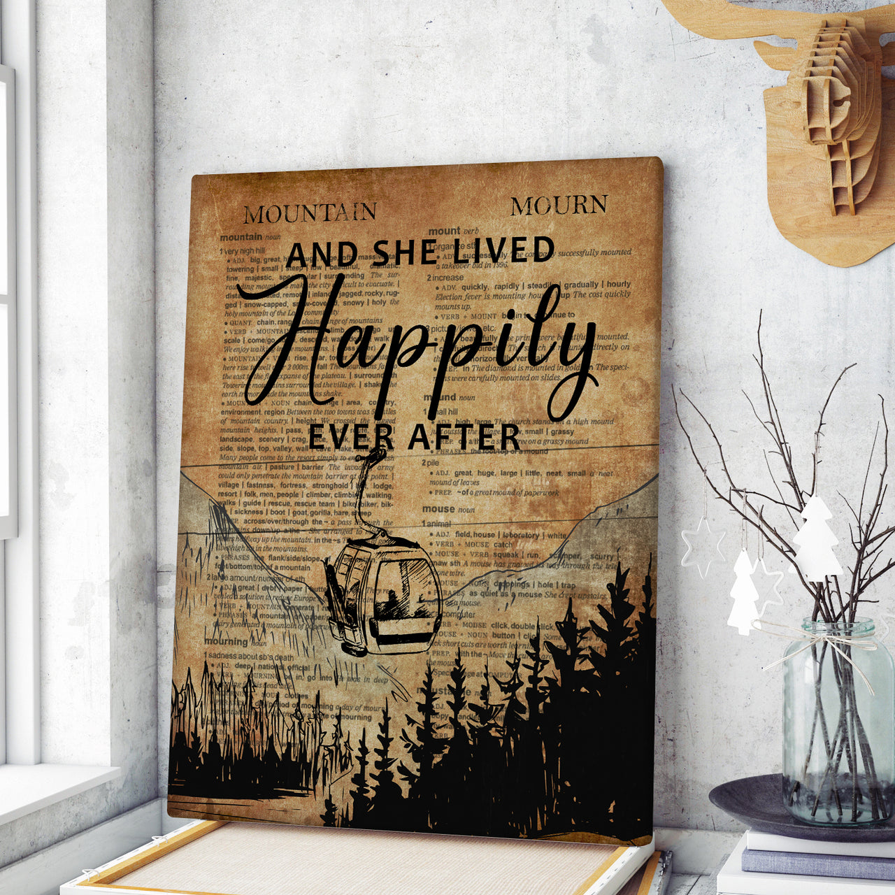Skiing Vintage Canvas Mountains Happily Ever After Canvas Print Wall Art for Boy Girl Men Women Personalized Canvas Art