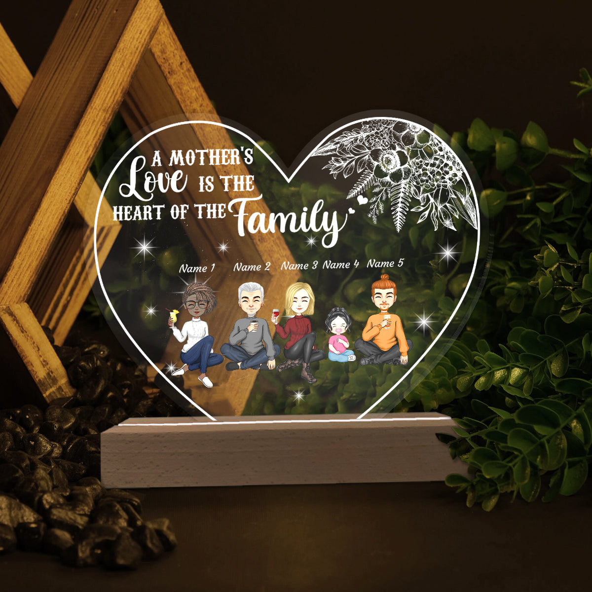 Personalized Custom Name A Mother's Love Is The Heart Of The Family 3D LED Light Wooden Base Gift For Mom Mother Day