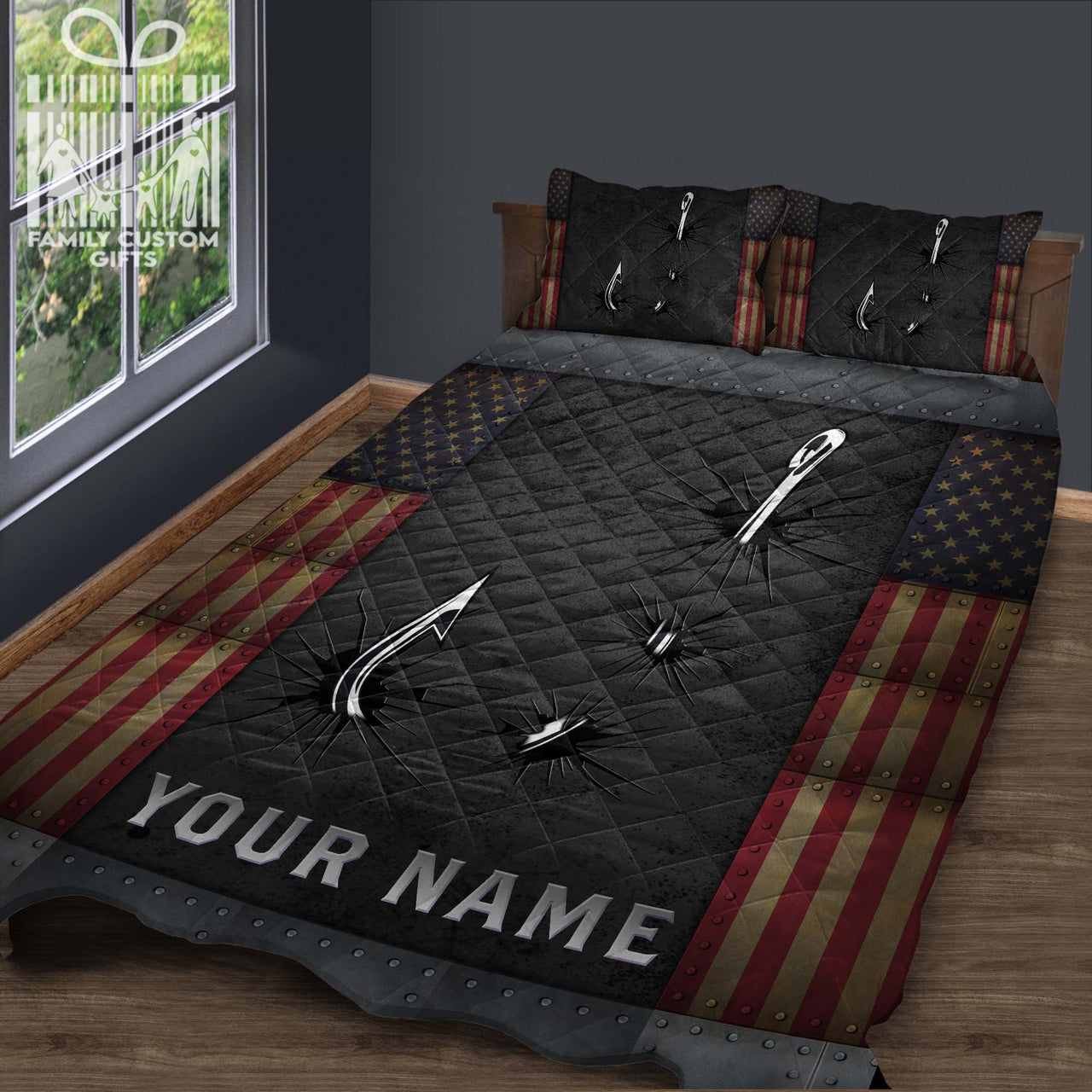 Custom Quilt Sets for Teens Adult Crack Fishing American Flag Personalized Quilt Bedding for Men Dad