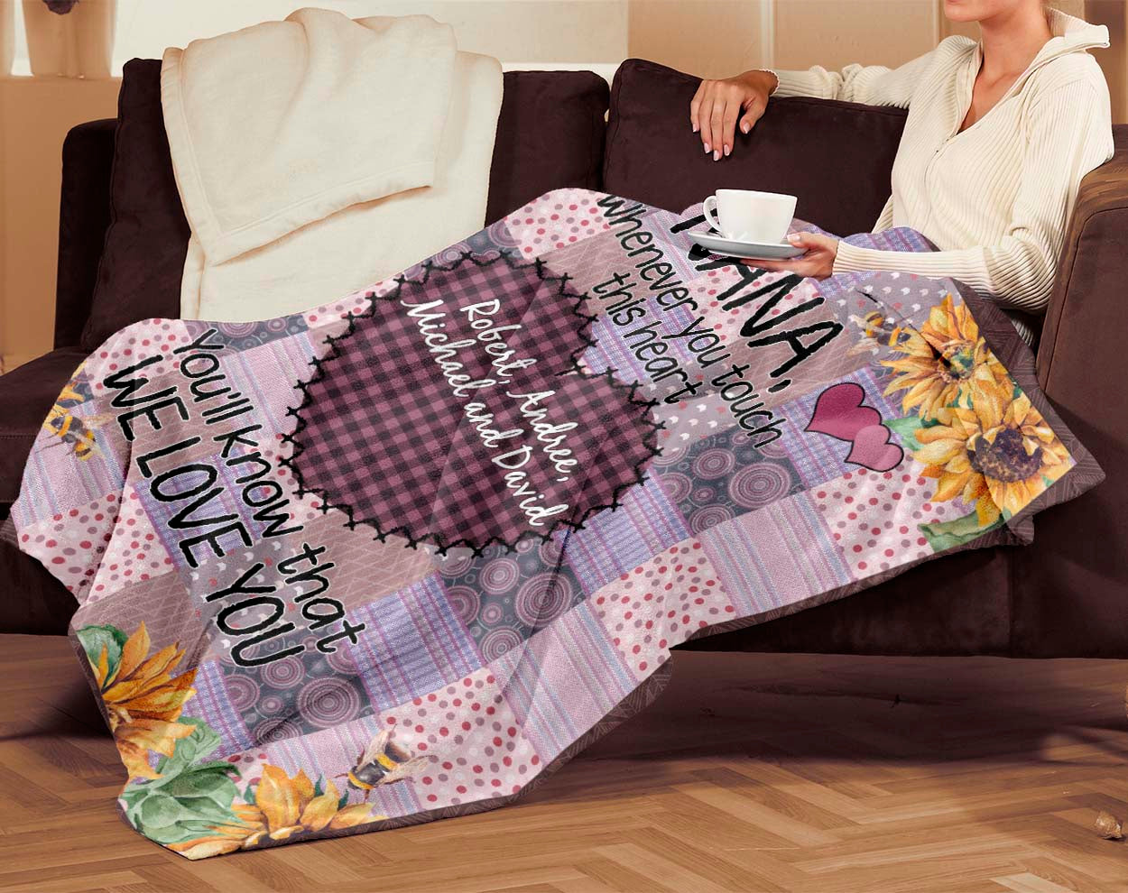 Personalized Custom Grandma Grandkids Names Mothers Day Fleece Sherpa Blankets Present for Nana Mimi Gigi Grandmother (Sewing Flower 01)
