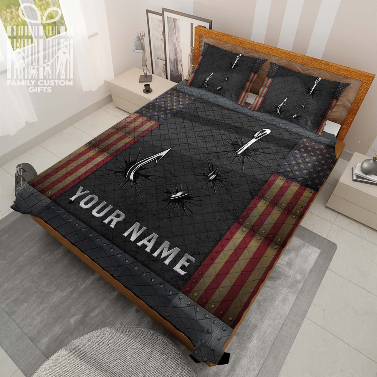 Custom Quilt Sets for Teens Adult Crack Fishing American Flag Personalized Quilt Bedding for Men Dad