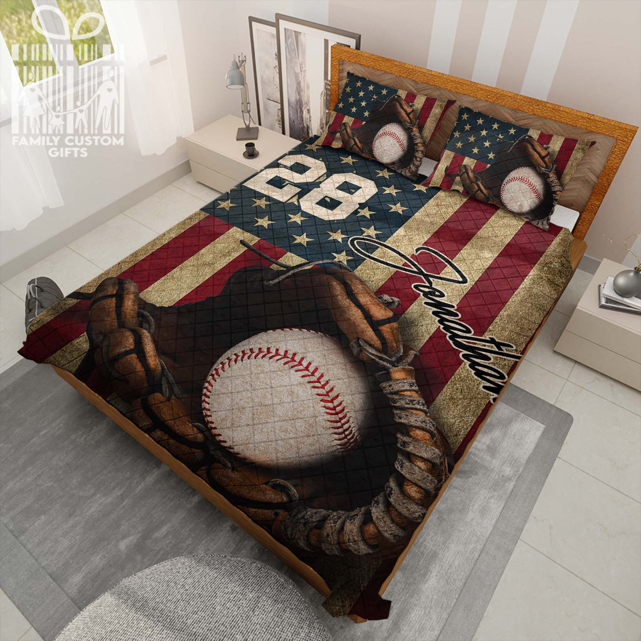 Custom Quilt Sets for Kids Teens Adult Vintage Sports Baseball US Flag Personalized Quilt Bedding