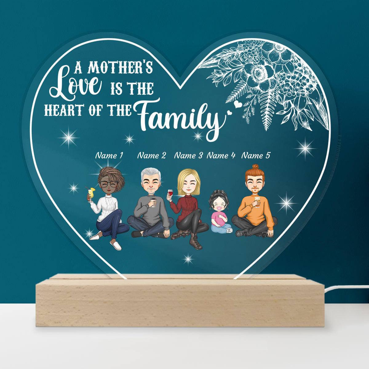 Personalized Custom Name A Mother's Love Is The Heart Of The Family 3D LED Light Wooden Base Gift For Mom Mother Day