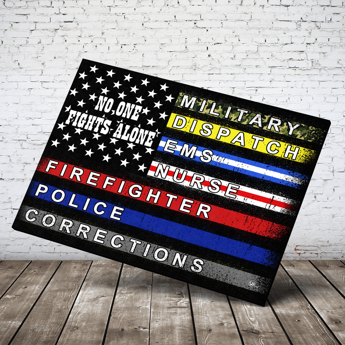 No One Fights Alone First Responder American Flag Canvas Print Wall Art for Men Women Personalized Canvas Art