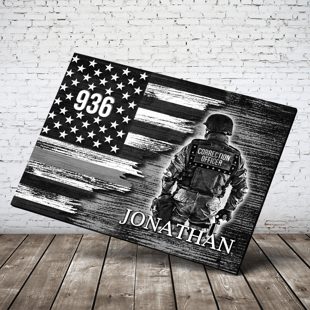 Personalized Custom Name Correctional Badge Number Correction Officer Prayer Thin Silver Grey Gray Line American Flag Canvas