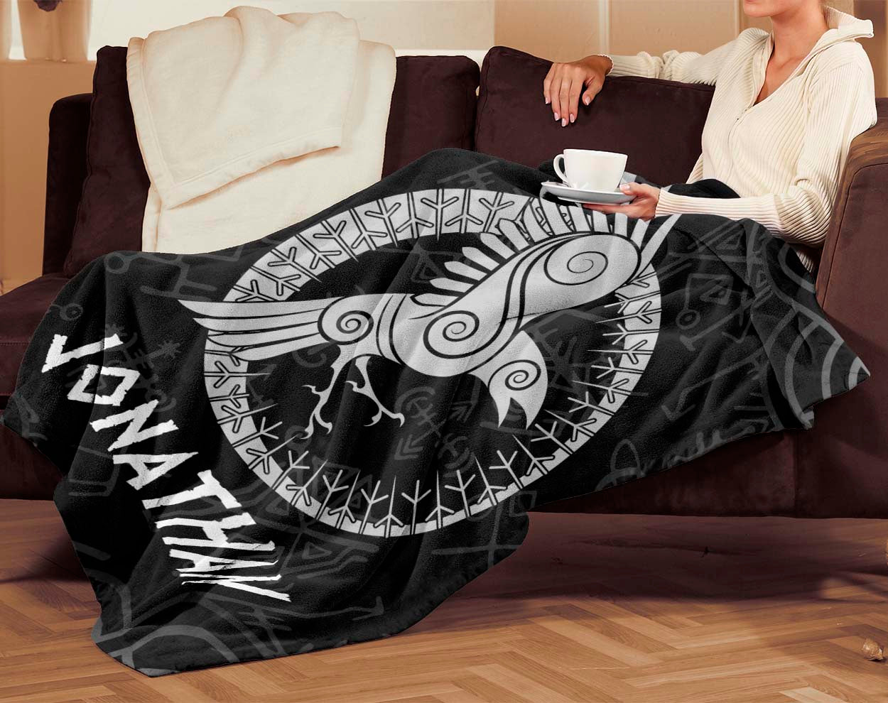 Personalized Custom Name Viking Raven Norse Mythology Fleece Sherpa Blanket Bed Throw Size Tapestry Wall Hanging