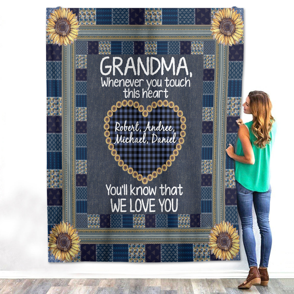Personalized Custom Grandma Grandkids Names Mothers Day Fleece Sherpa Blankets Present for Nana Mimi Gigi Grandmother (Sewing Flower 02)