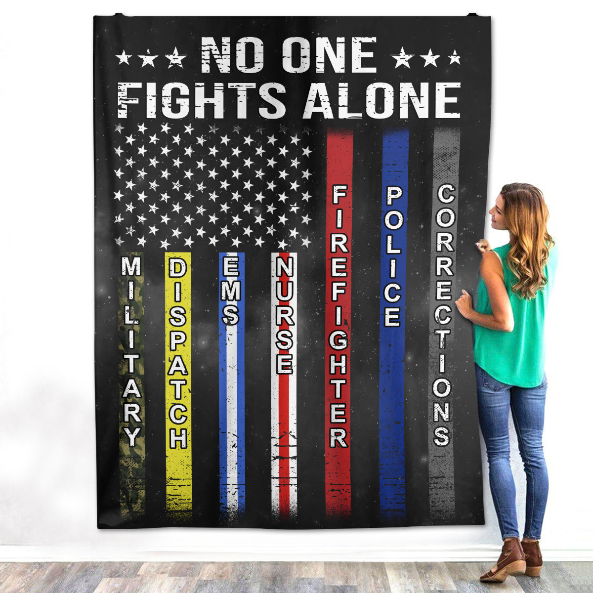 No One Fights Alone First Responders Thin Line American Flag Birthday Christmas Fleece Sherpa Blanket