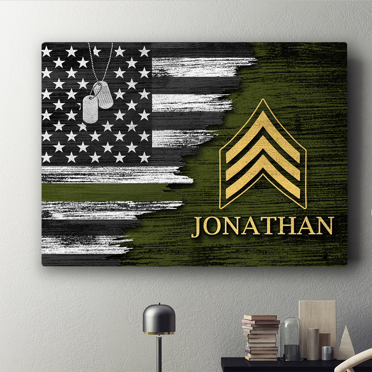 Personalized Custom Name Insignia Rank United States US Military Soldier Veteran Thin Green Line Patriotic American Flag Canvas