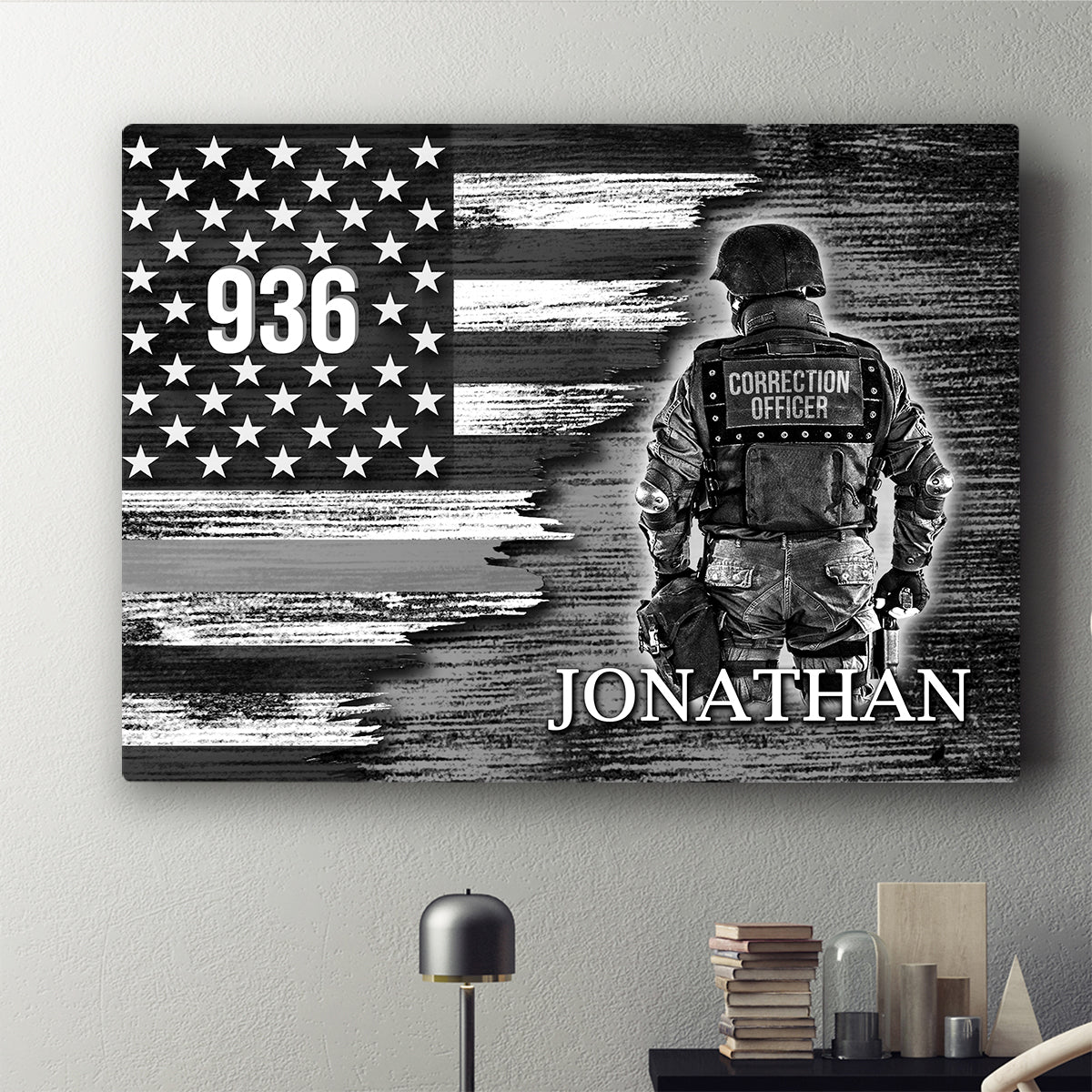 Personalized Custom Name Correctional Badge Number Correction Officer Prayer Thin Silver Grey Gray Line American Flag Canvas