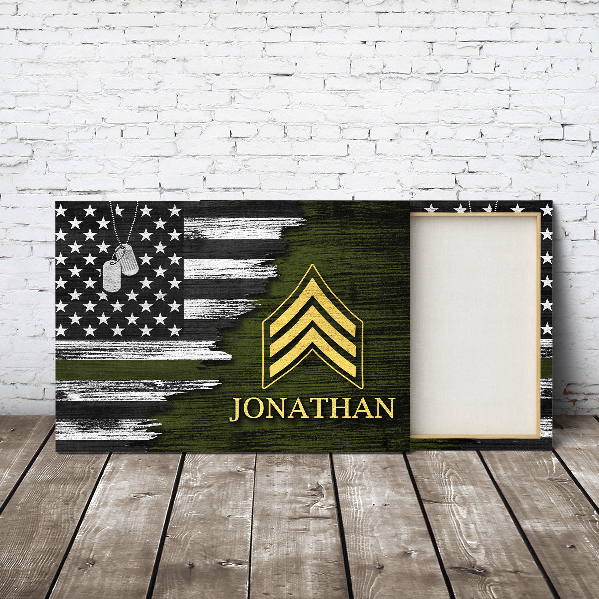 Personalized Custom Name Insignia Rank United States US Military Soldier Veteran Thin Green Line Patriotic American Flag Canvas