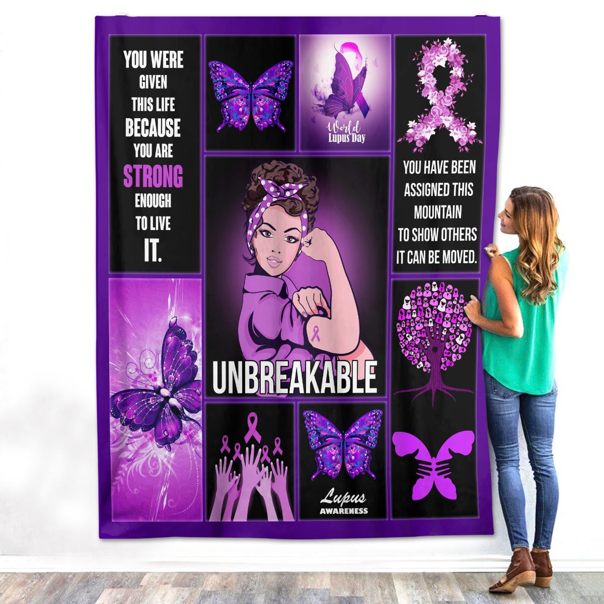 Lupus Warrior Unbreakable Purple Ribbon Awareness Fleece Sherpa Blanket