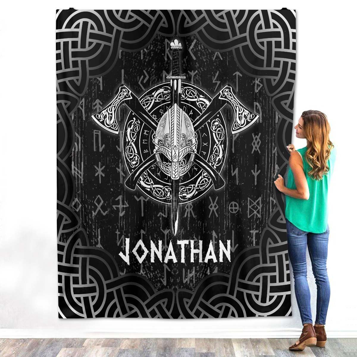 Personalized Custom Name Viking Helmet Norse Mythology Fleece Sherpa Blanket Bed Throw Size Tapestry Wall Hanging