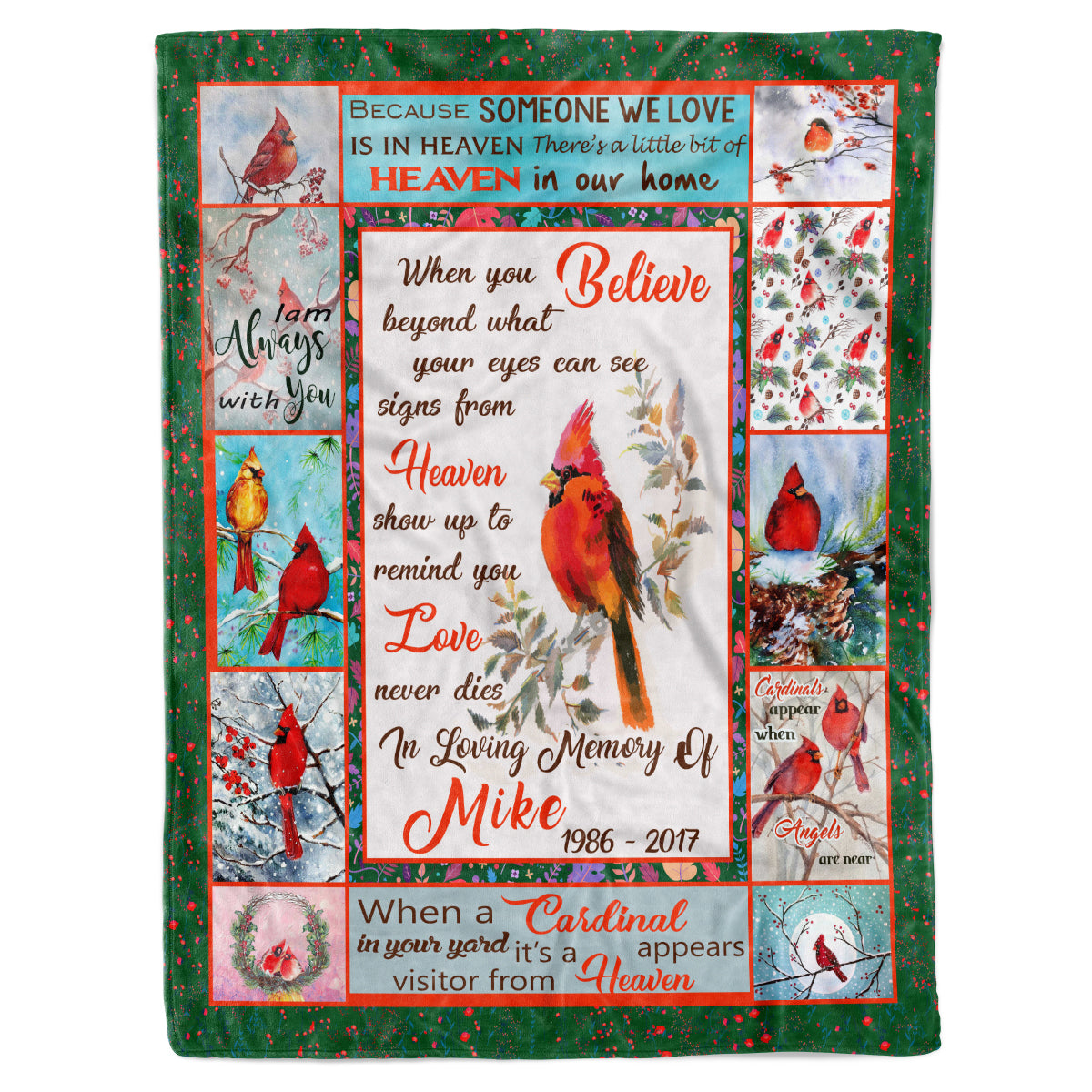 Personalized Custom Name Date Memorial Cardinal Appears in Loving Memory Remembrance Bereavement Fleece Sherpa Blanket