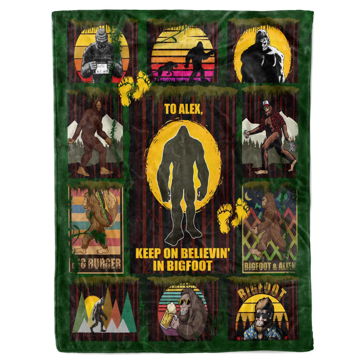 Personalized Custom Name Bigfoot Sasquatch Believe Hide and Seek World Champion Sherpa Fleece Throw Blanket Birthday Big Foot Camping Presents for Mom Dad Wife Husband Kids Son Daughter Campers
