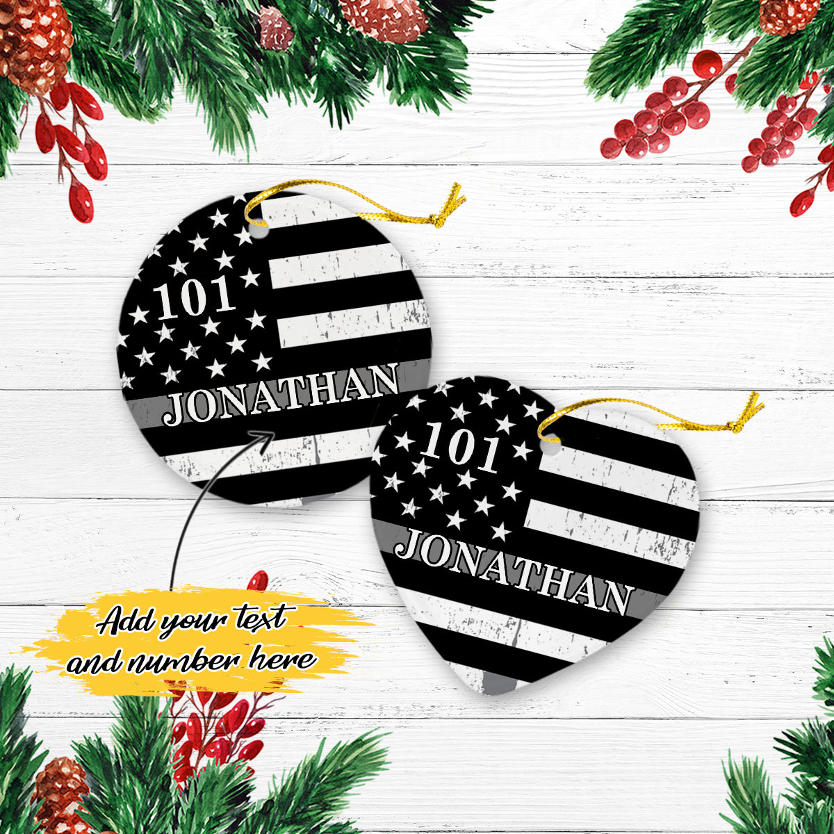Thin Silver Line American Flag with Correction Officer's Prayer Personalized Christmas Premium Ceramic Ornaments Sets for Christmas Tree
