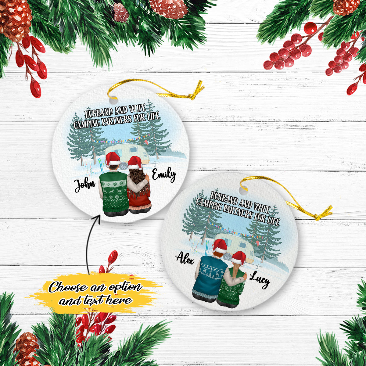 Husband And Wife Camping Partners For Life Personalized Christmas Premium Ceramic Ornaments Sets