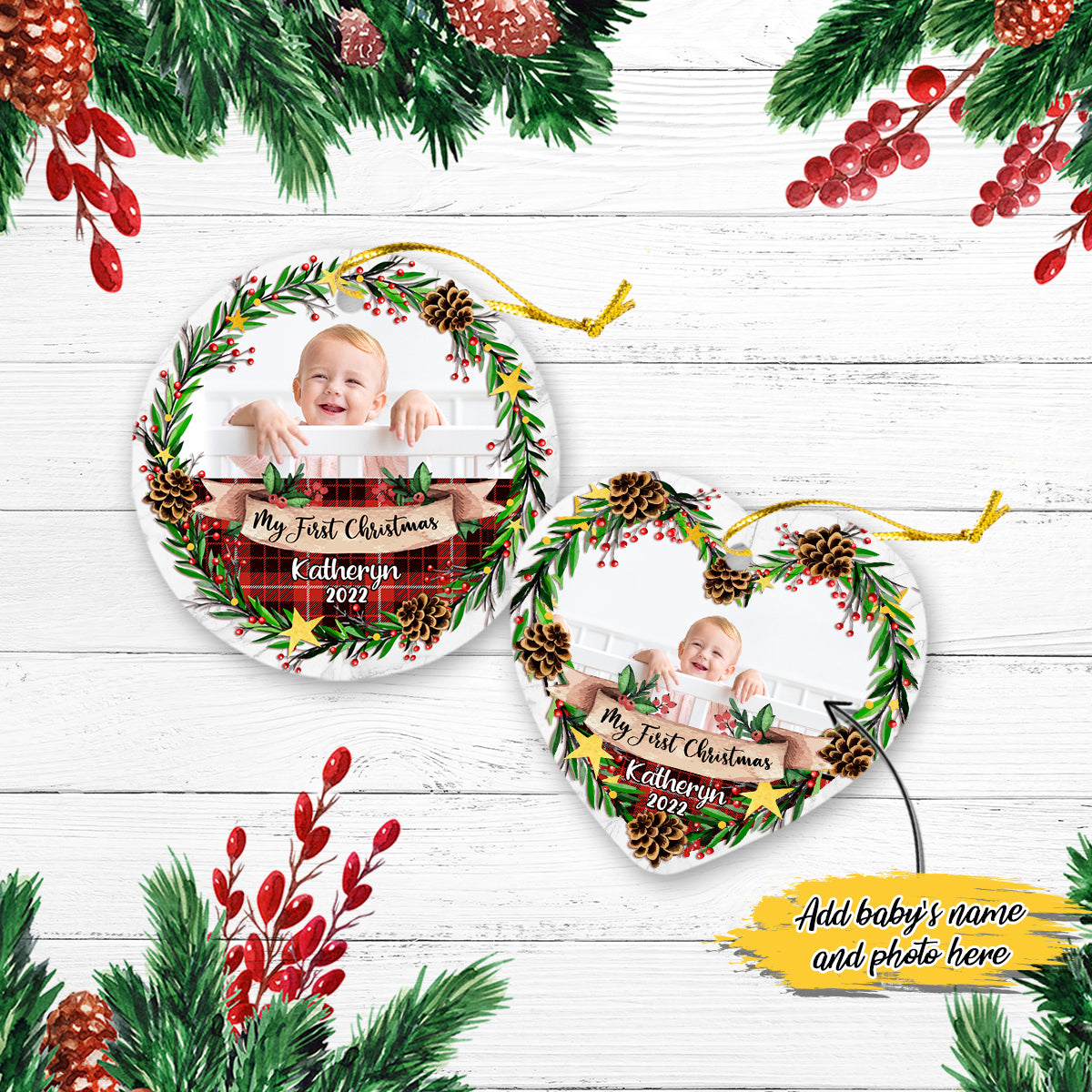 Baby's First 1st Christmas Photo Personalized Christmas Premium Ceramic Ornaments Sets