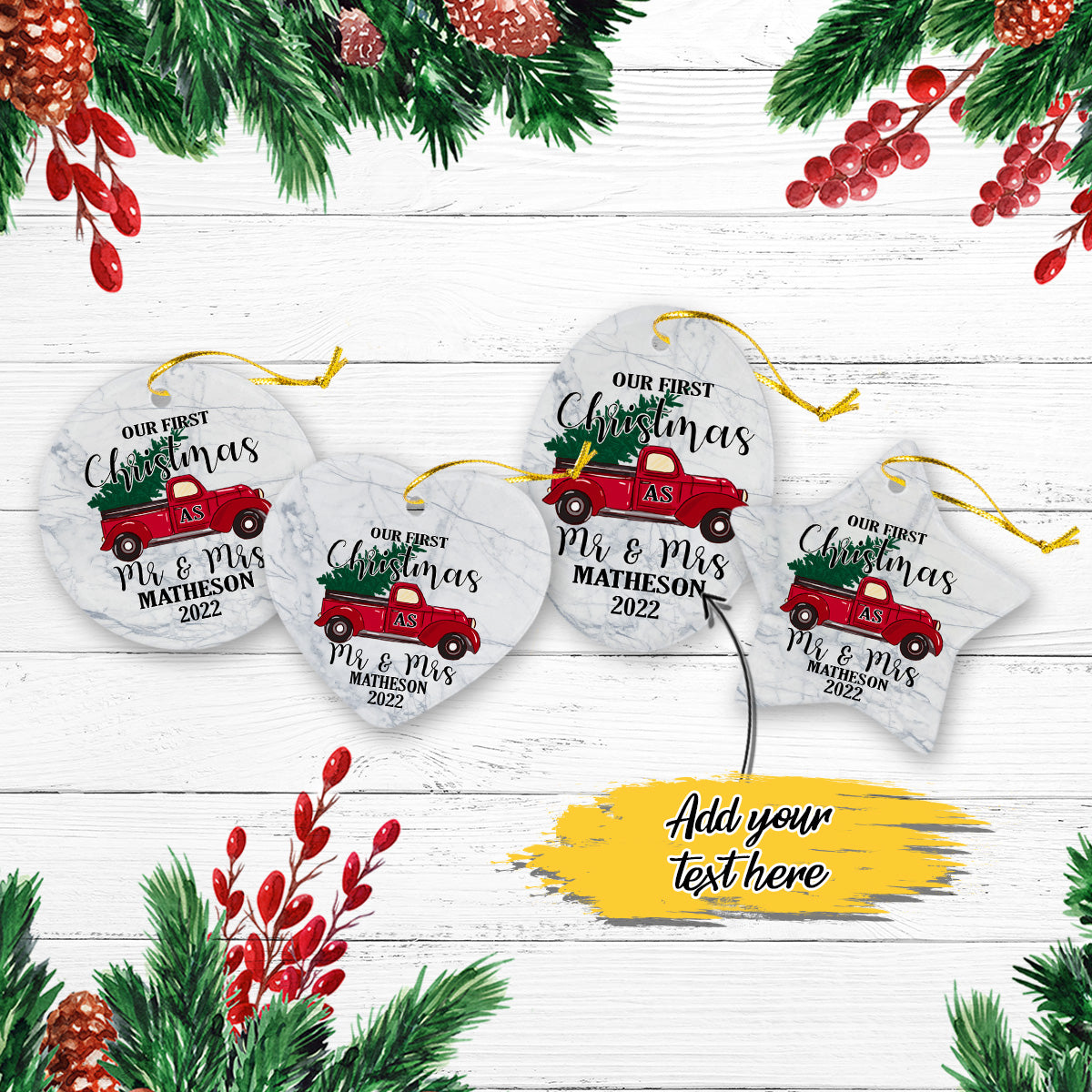Our First Christmas Married as Mr and Mrs Truck Personalized Christmas Premium Ceramic Ornaments Sets