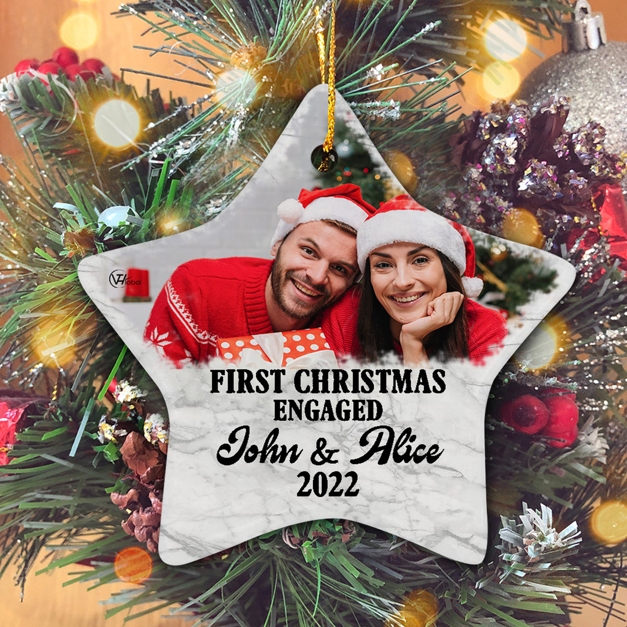 Custom First Christmas Engaged Personalized Christmas Premium Ceramic Ornaments Sets for Christmas Tree