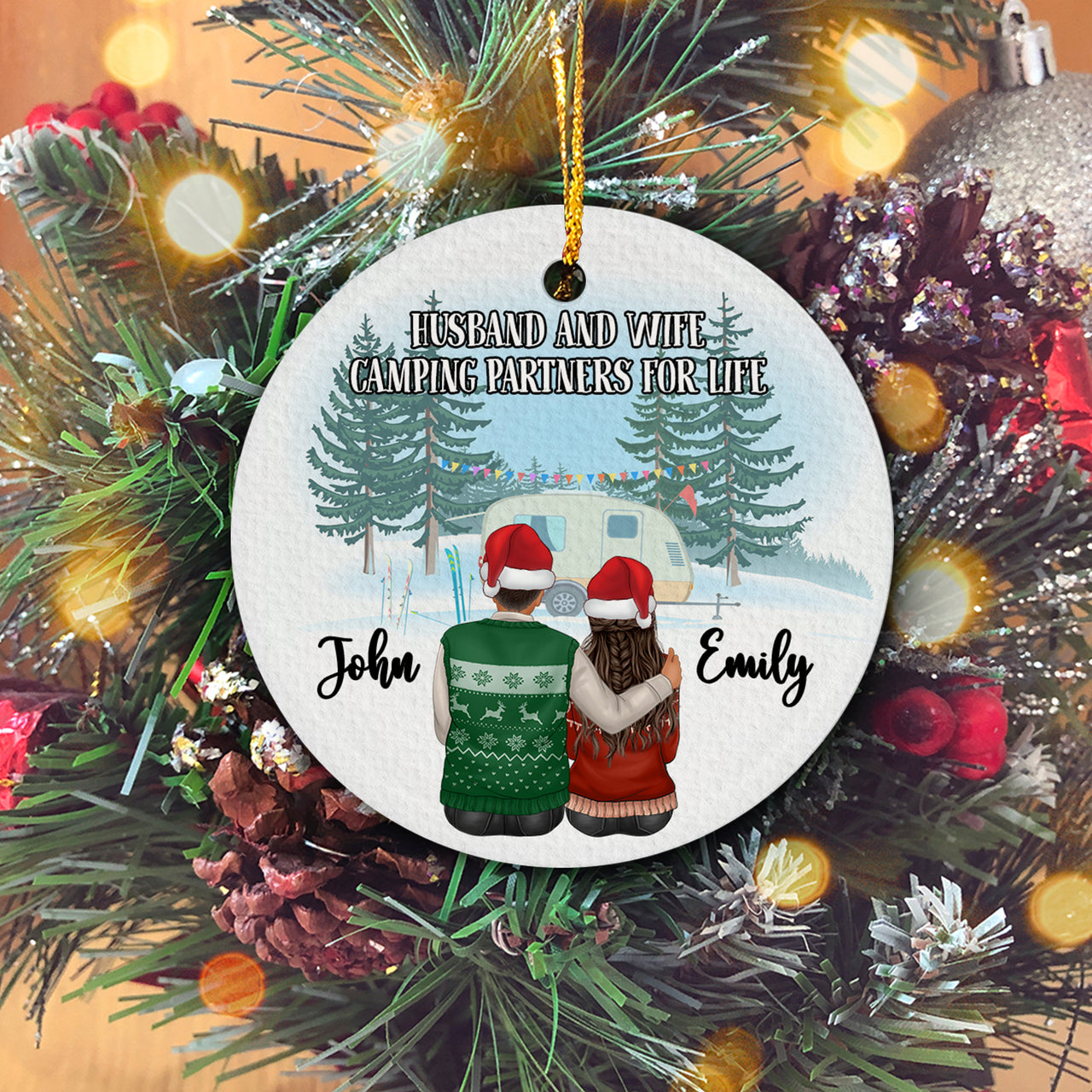 Husband And Wife Camping Partners For Life Personalized Christmas Premium Ceramic Ornaments Sets