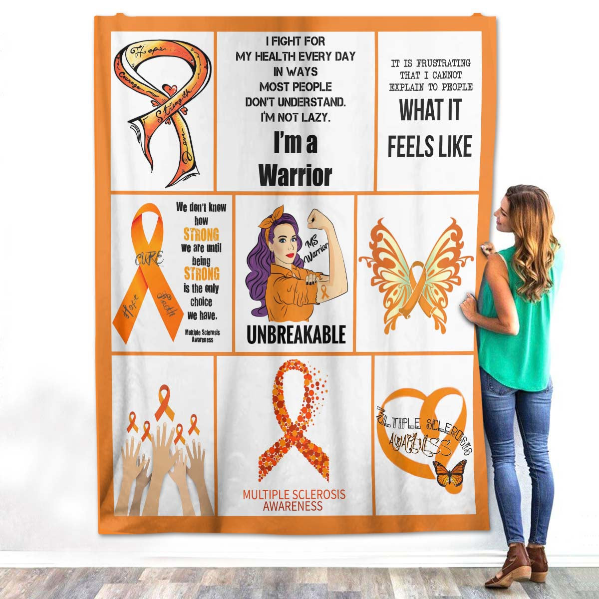 Multiple Sclerosis Awareness MS Orange Ribbon Symbol Survivor Warrior Fighter Fleece Sherpa Blanket