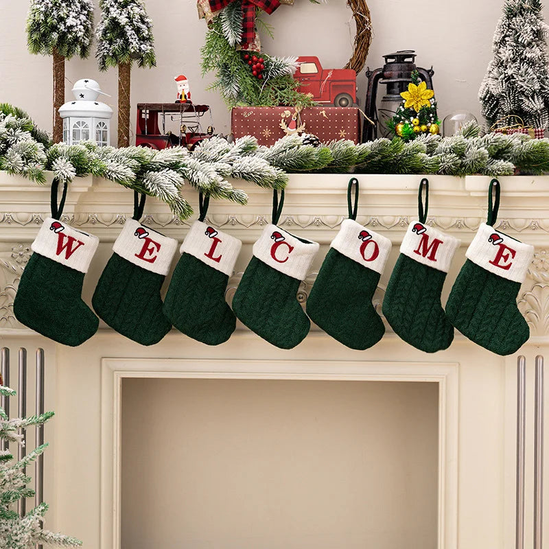 Personalized Custom Socks 2024 Navidad Natal Knitted Snowflake and Letter Christmas Stockings Green Xmas Tree Ornament and Festive Home Decoration