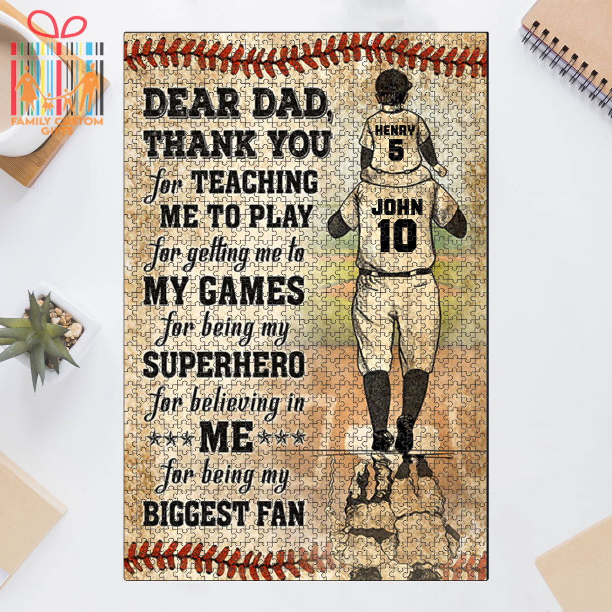 Custom Jigsaw Puzzle for Kids Adults Dear Dad Thank You For Teaching Me To Play Baseball Personalized Puzzle