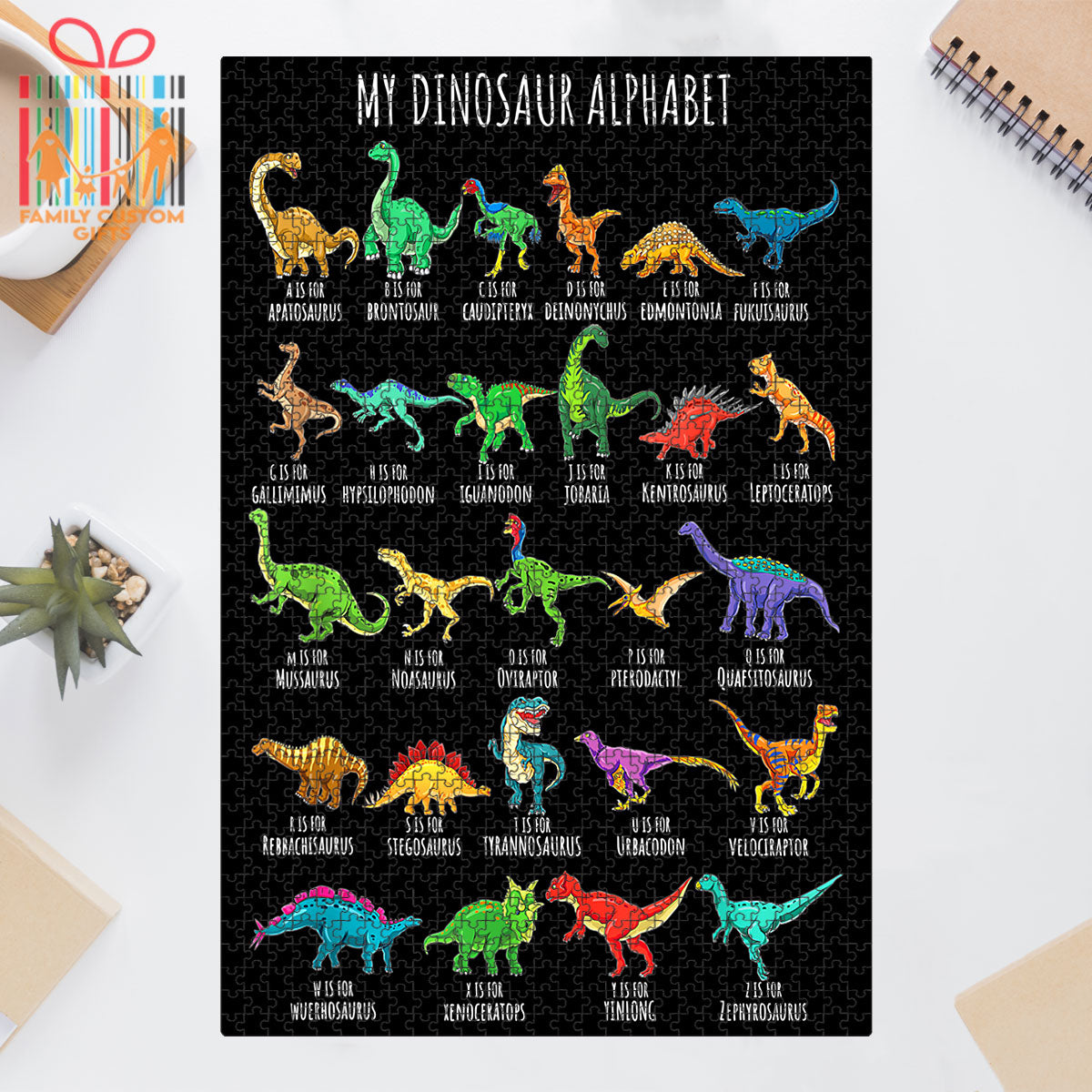 Custom Jigsaw Puzzle for Kids Types Of Dinosaurs Alphabet A-Z ABC Dino Identification Personalized Puzzle