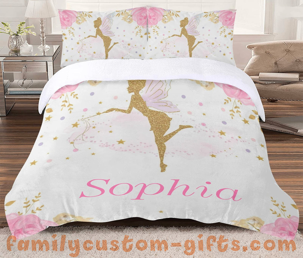 Custom Quilt Sets Pink Fairy Girl Floral Premium Quilt Bedding for Boys Girls Men Women