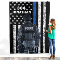 Thumbnail for Personalized Custom Name Badge Number Police Officer Thin Blue Line Lives Matter Back American Flag Fleece Sherpa Blanket