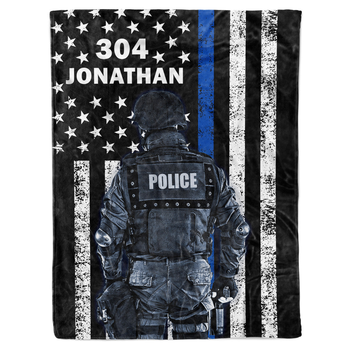 Personalized Custom Name Badge Number Police Officer Thin Blue Line Lives Matter Back American Flag Fleece Sherpa Blanket
