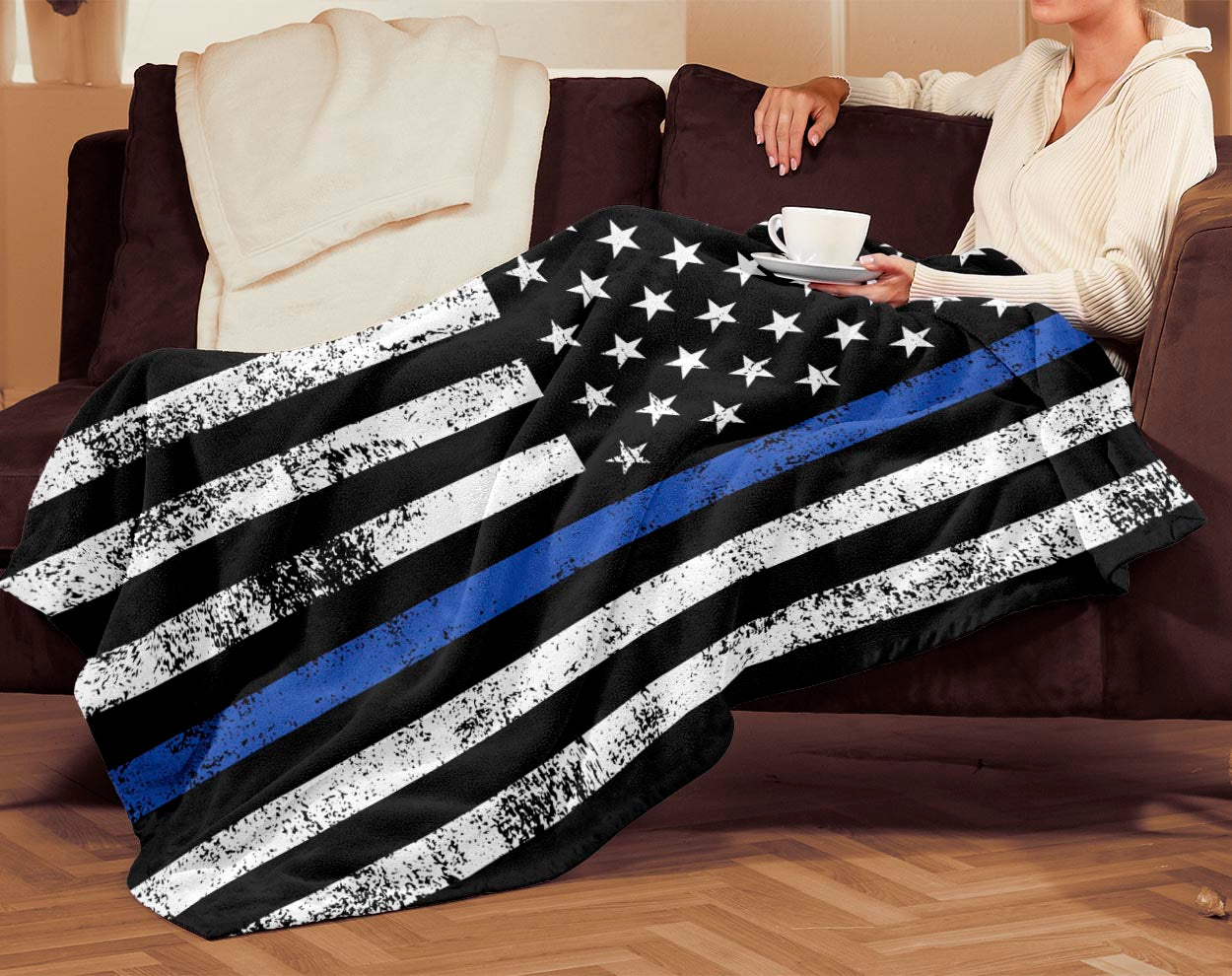 Police Officer Thin Blue Line Deputy Sheriff Lives Matter Back Law Enforcement American Flag Fleece Sherpa Blanket