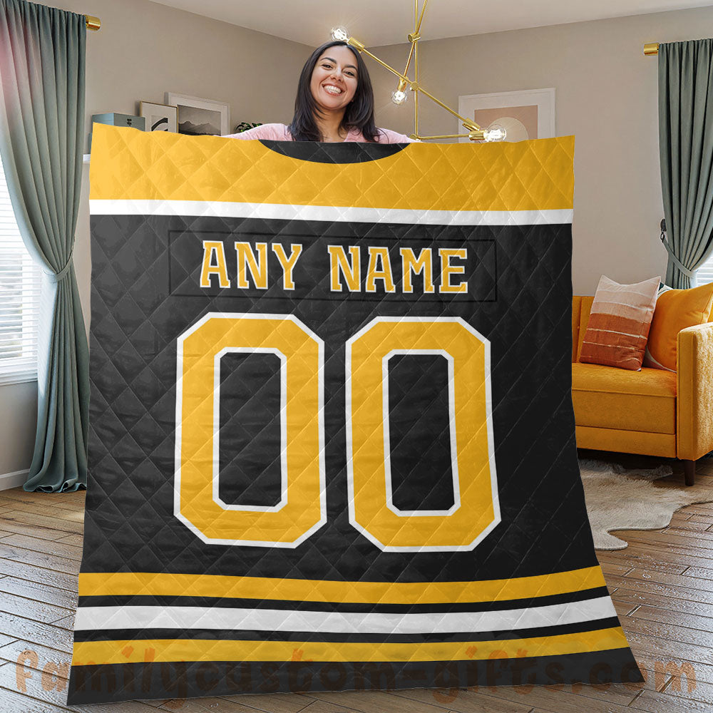 Custom Premium Quilt Blanket Boston Jersey Ice Hockey Personalized Quilt Gifts for Her & Him