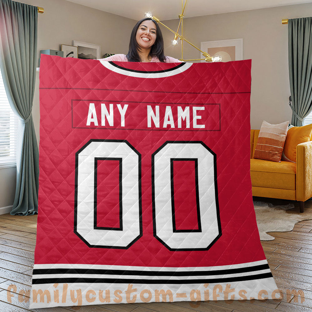 Custom Premium Quilt Blanket Chicago Jersey Ice Hockey Personalized Quilt Gifts for Her & Him