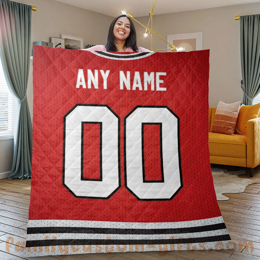 Custom Premium Quilt Blanket Chicago Jersey Ice Hockey Personalized Quilt Gifts for Her & Him