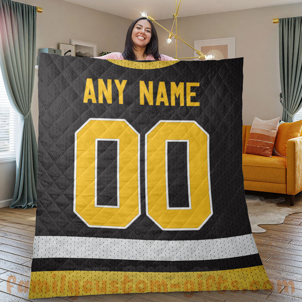 Custom Premium Quilt Blanket Pittsburgh Jersey Ice Hockey Personalized Quilt Gifts for Her & Him