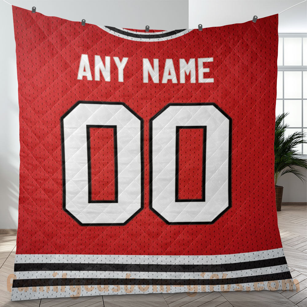 Custom Premium Quilt Blanket Chicago Jersey Ice Hockey Personalized Quilt Gifts for Her & Him