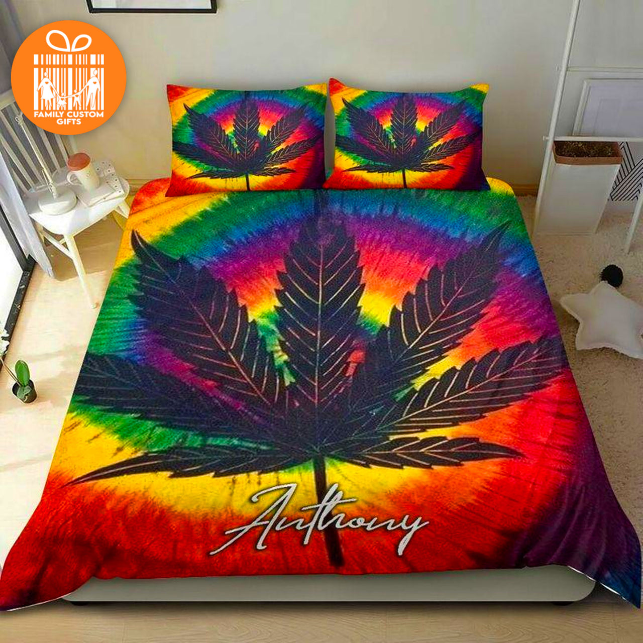 Comforter Marijuana Leaf Rainbow Tie Dye Custom Bedding Set for Kids Teens Adult Personalized Premium Bed Set