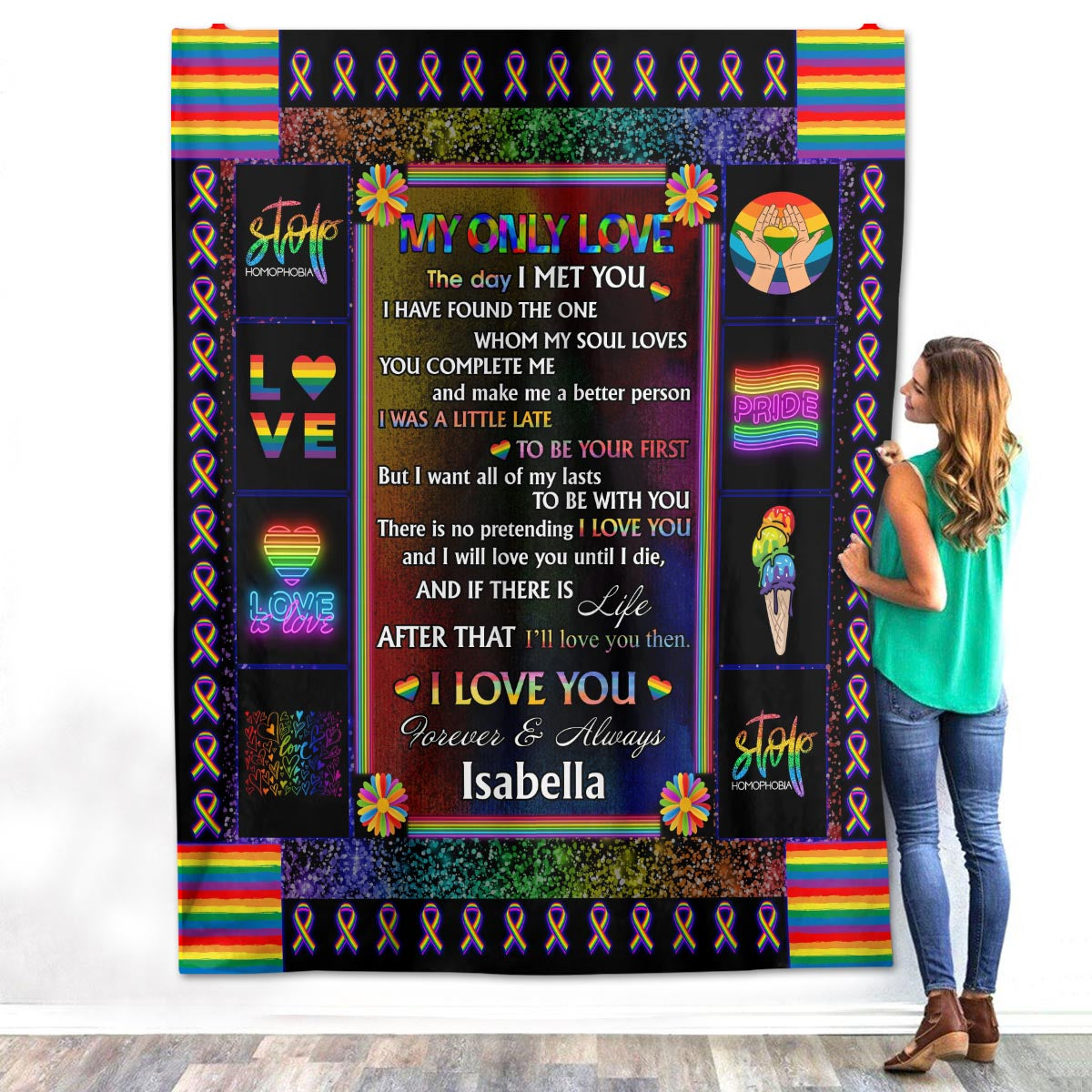 Personalized Custom Name Rainbow Flag My Only Love Sherpa Fleece Throw Blanket Tapestry Christmas Birthday Gay Lesbian LGBT Pride Presents for Couple Boyfriend Girlfriend Wife Men Women