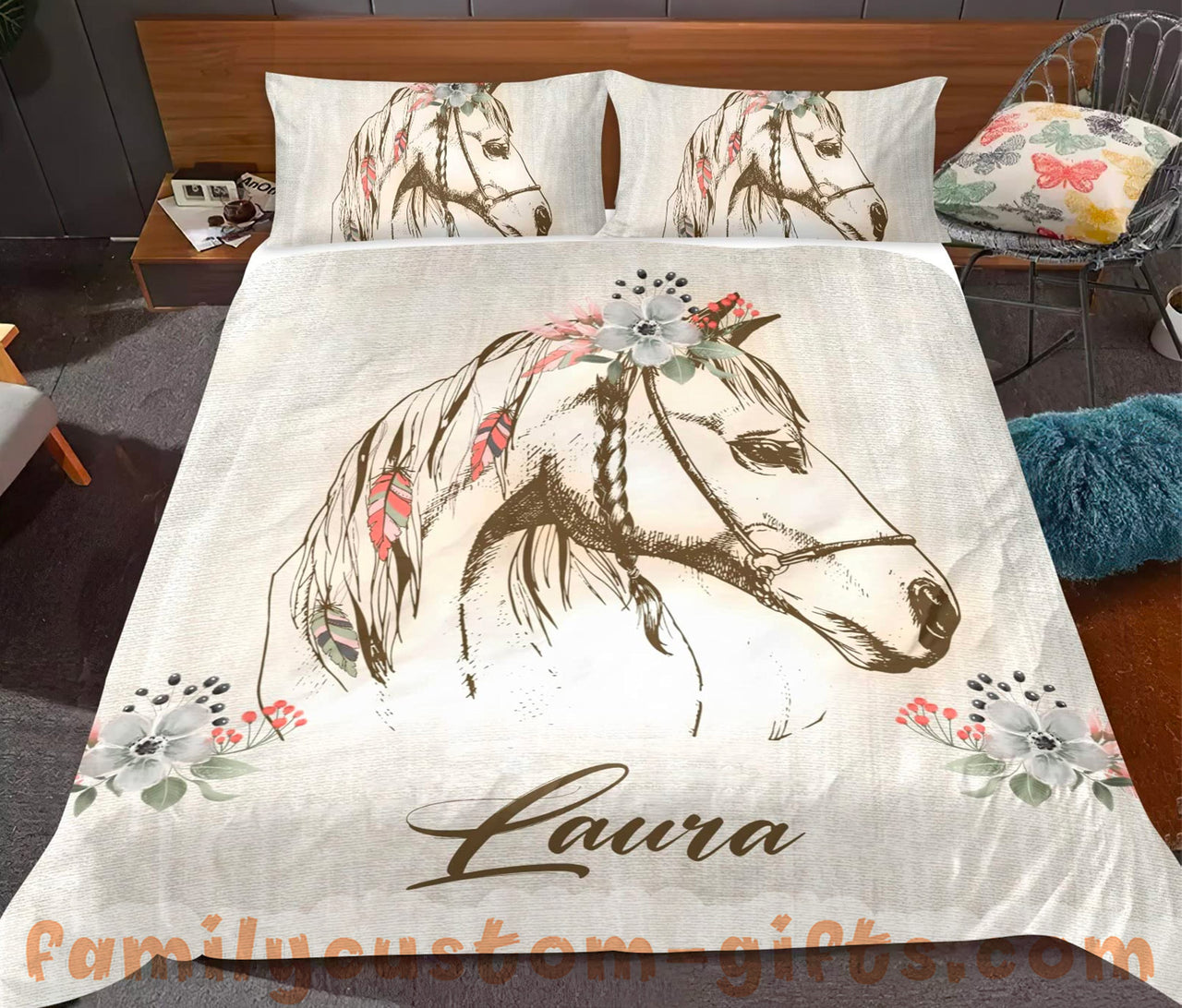 Custom Quilt Sets Retro Watercolor Horse Premium Quilt Bedding for Boys Girls Men Women